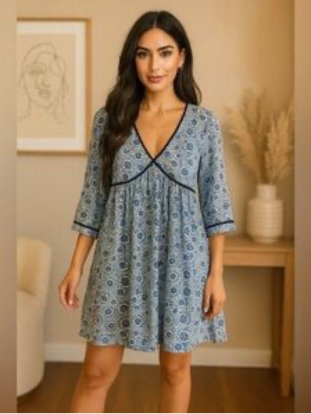 Beau & Ro Ashley D Studio Lyocell Baby Doll Dress Blue & White Floral V Neck XL